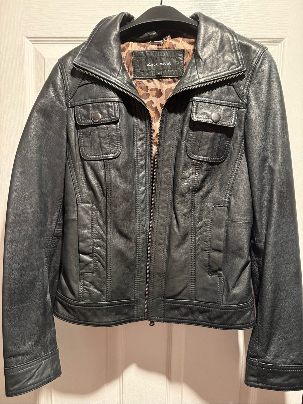 Black Rivet Black Leather Jacket with Leopard Lining